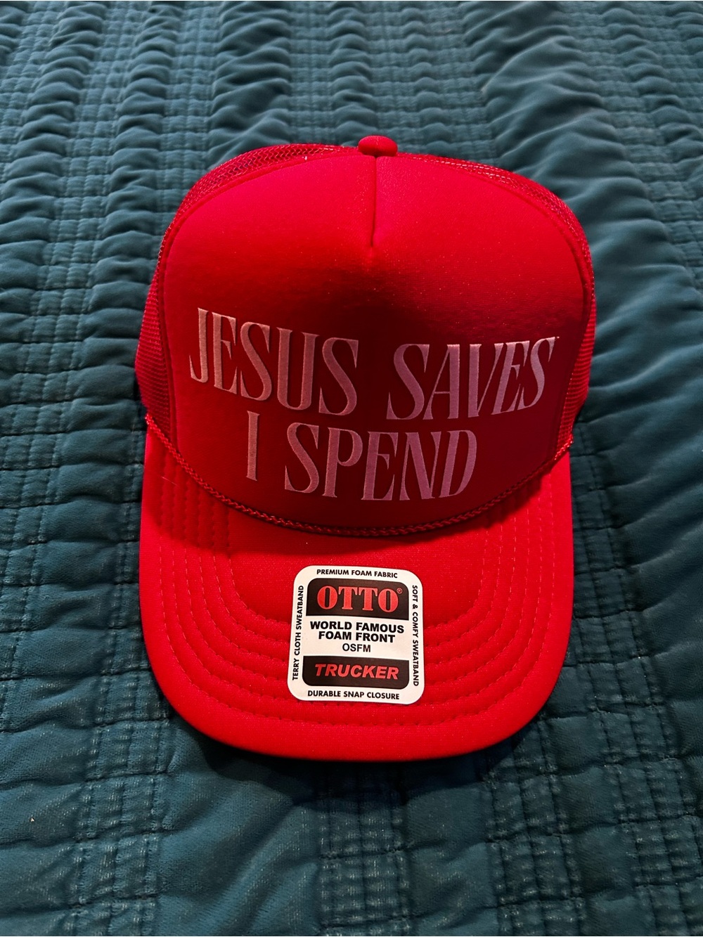 NWT Otto alter Foam Trucker Hat 'Jesus Saves I Spend'